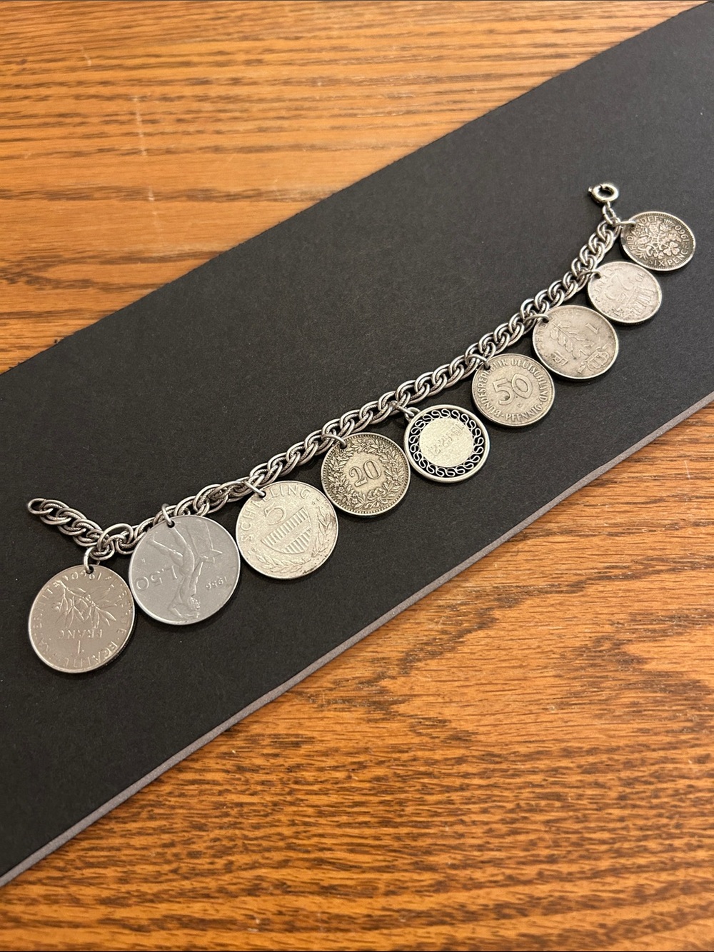 Sterling Silver Coin Charm Bracelet with Foreign Coins